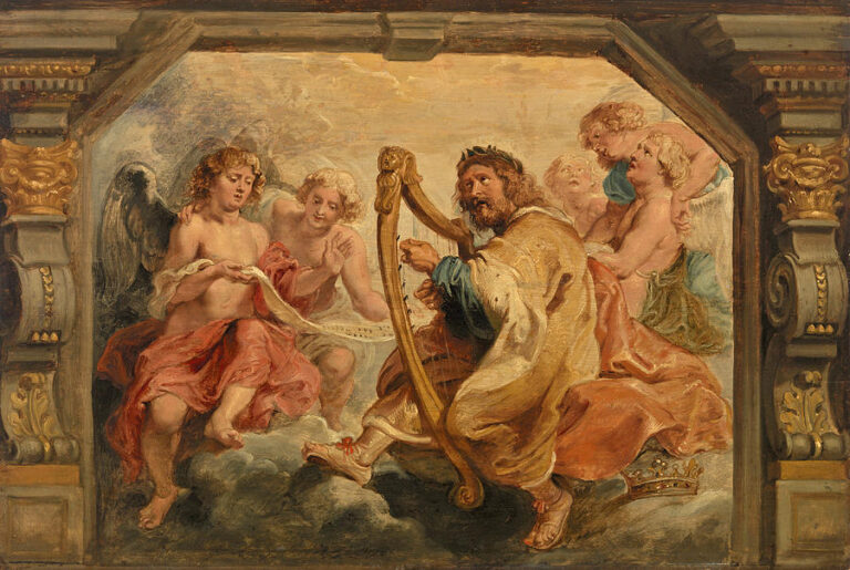 Baroque painting by Peter Paul Rubens showing King David seated on clouds, playing a harp and wearing a crown, surrounded by angels and putti who listen and sing, all framed within an ornate painted architectural arch.