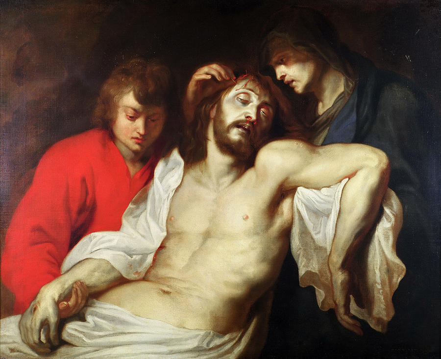 Baroque painting “Lamentation of Christ by the Virgin Mary and St John” by Peter Paul Rubens showing the dead Christ supported by the Virgin Mary and Saint John, his pale body draped in white cloth as Mary touches his crown of thorns and John in a red robe looks down in sorrow.