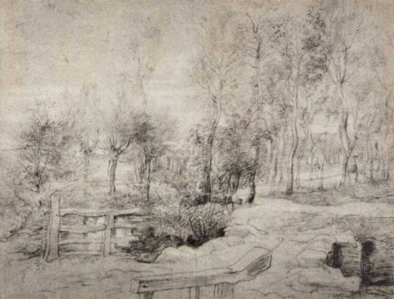 Monochrome landscape drawing by Peter Paul Rubens showing a rustic wooden fence in the left foreground, a winding path, low pollarded trees and taller trunks receding into the distance, all rendered in soft pencil or chalk lines under an open, lightly shaded sky.