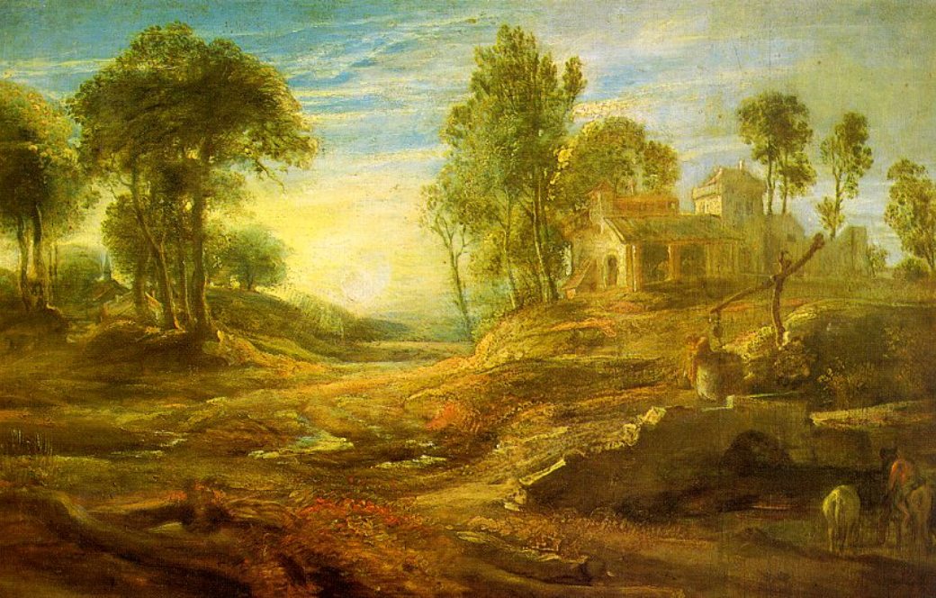 Golden toned landscape painting by Rubens showing a sunlit valley with trees, a winding path and stream, a farmhouse on a hill to the right, and a small watering place with figures and animals in the foreground.