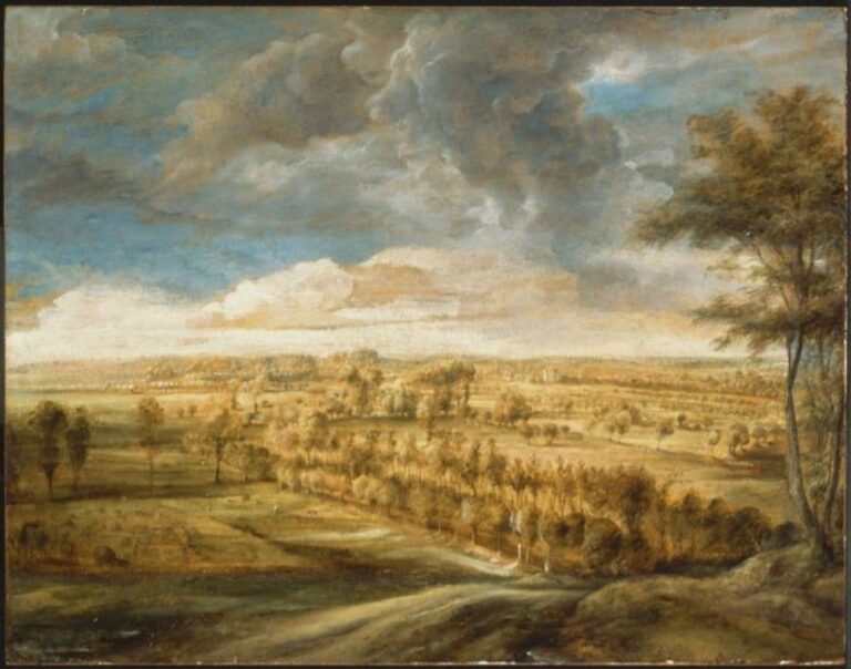 Wide landscape painting by Peter Paul Rubens showing a gently rolling countryside with an avenue of trees, golden fields, distant farms, and a vast sky filled with shifting clouds above the horizon.