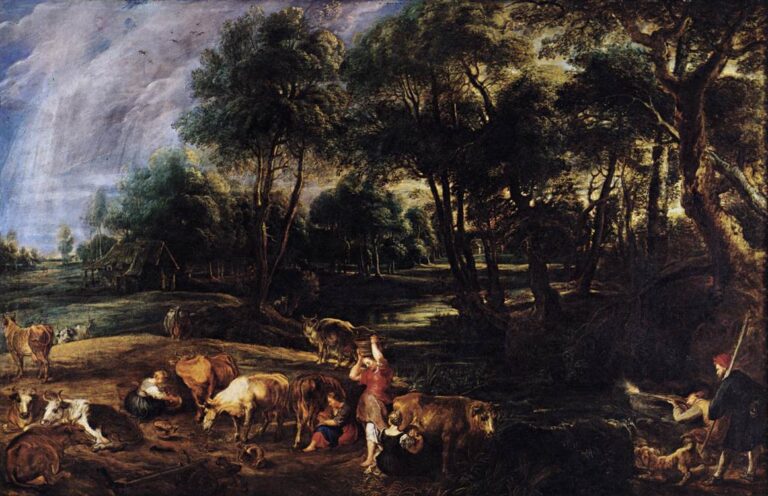 Wide Baroque landscape by Peter Paul Rubens showing cows resting and grazing in the foreground with peasants among them, dense trees and a pond in the middle ground, wildfowlers with guns and dogs on the right, and open fields and sky on the left.