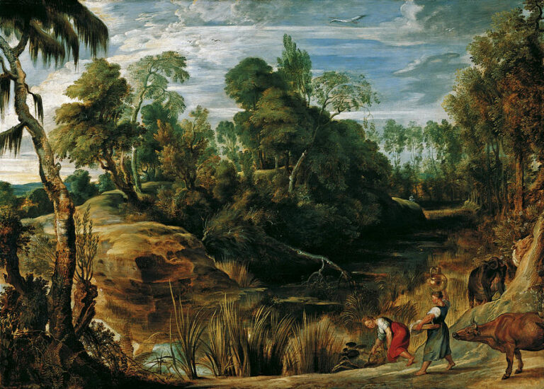 Landscape painting “Landscape with Milkmaids and Cows” by Peter Paul Rubens showing a wide, wooded valley with rocky ground, dense green trees, and a winding stream, while two milkmaids and several cows move along a path in the lower right under a bright, cloud-filled sky.