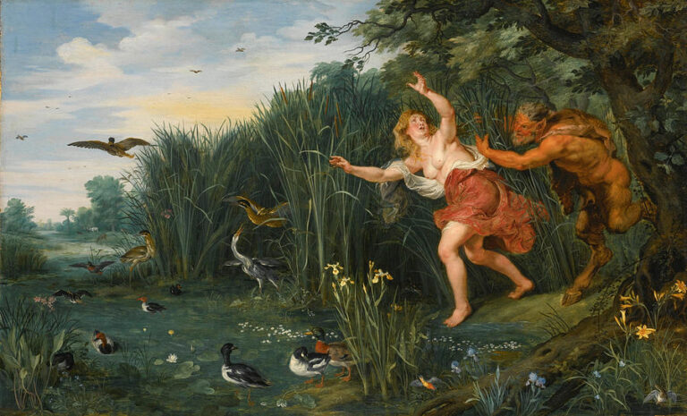 Pan lunges from a dark oak toward the fleeing nymph Syrinx at the edge of a reed-choked marsh filled with ducks, wading birds, yellow irises, and waterlilies under a bright northern sky.