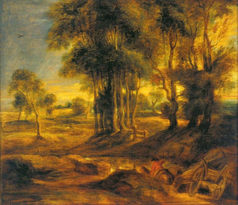 Baroque landscape by Peter Paul Rubens showing a warm sunset over a wooded countryside, with tall golden-lit trees dominating the center, distant fields and sky on the left, and a small carriage with a figure bending near a stream in the lower right foreground.