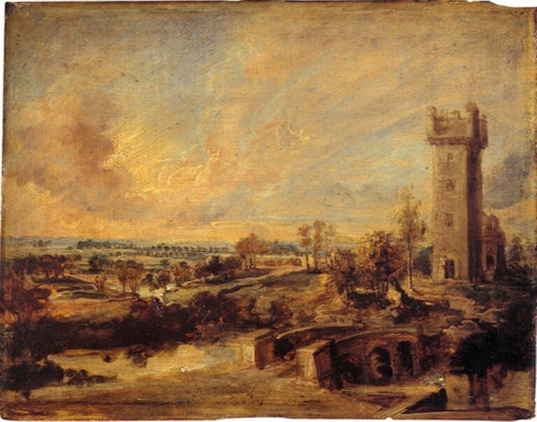 Warm-toned Baroque landscape by Peter Paul Rubens showing a tall stone tower on the right overlooking rolling fields, trees, and distant horizon under a broad golden sky filled with softly glowing clouds.