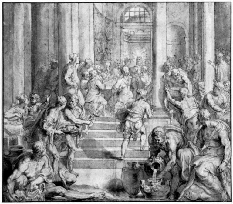 Monochrome drawing by Peter Paul Rubens showing a grand architectural hall with Christ and the apostles seated at a table on a raised platform, surrounded by crowds of servants and poor figures on the steps and foreground, all rendered in dramatic light and shadow.