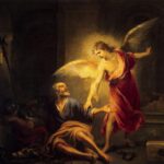 Baroque painting of the apostle Peter in a dark prison being lifted by a glowing angel in a red cloak, with chains on the floor and sleeping guards in the shadows.