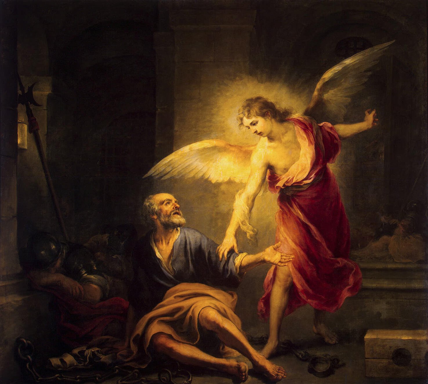 Baroque painting of the apostle Peter in a dark prison being lifted by a glowing angel in a red cloak, with chains on the floor and sleeping guards in the shadows.