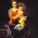 Painting by Bartolomé Esteban Murillo showing the Virgin Mary seated against a dark background in a red dress and blue mantle holding the nude Christ Child on her lap, both figures softly illuminated and gazing outward in a calm devotional scene.