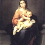 Seventeenth century painting by Murillo showing the Virgin Mary seated on a stone bench holding the nude Christ Child across her lap, both softly illuminated against a dark neutral background.