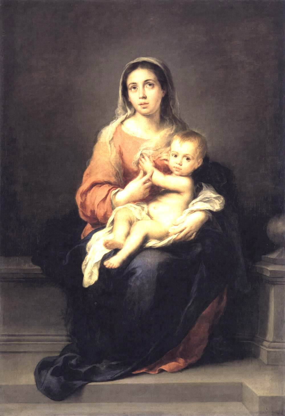 Seventeenth century painting by Murillo showing the Virgin Mary seated on a stone bench holding the nude Christ Child across her lap, both softly illuminated against a dark neutral background.