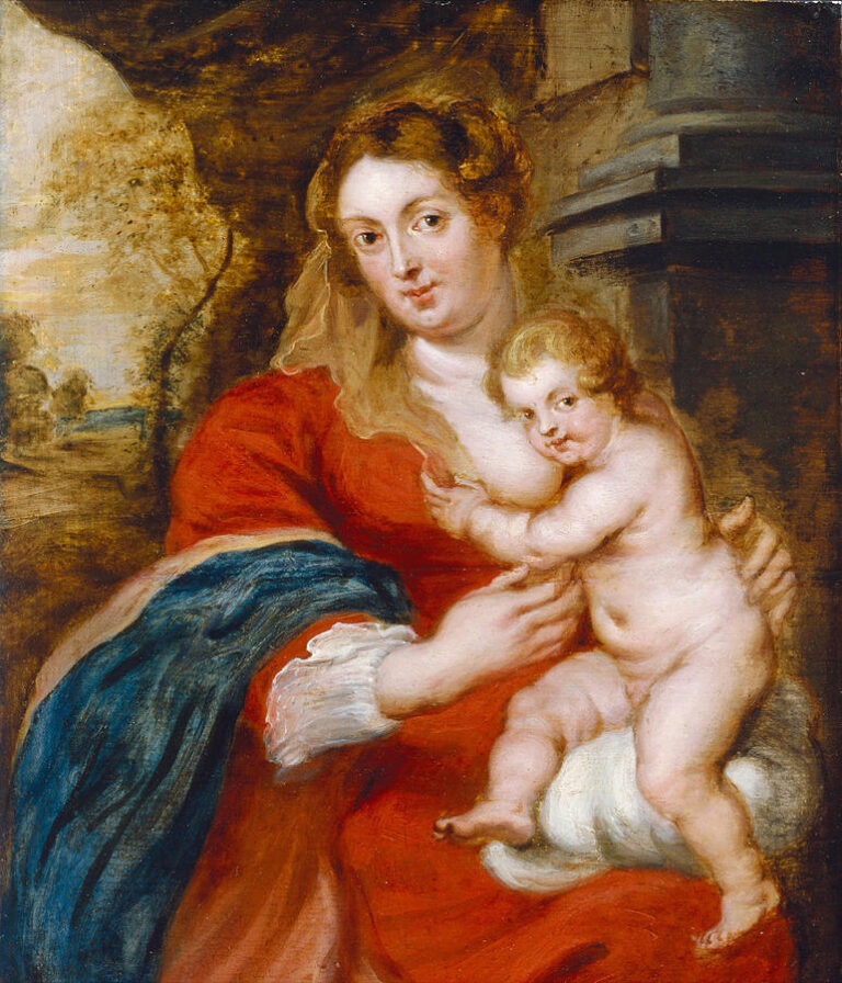 Painting “Madonna and Child” by Peter Paul Rubens showing a full-bodied young woman in a red dress and blue mantle cradling a nude, curly-haired baby on her lap, the child clinging to her chest and looking toward the viewer while she sits before a stone column with a soft landscape in the background.