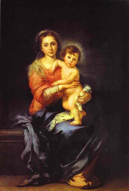 Painting by Bartolomé Esteban Murillo showing the Virgin Mary seated against a dark background in a red dress and blue mantle holding the nude Christ Child on her lap, both figures softly illuminated and gazing outward in a calm devotional scene.