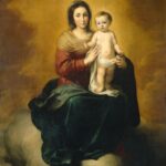 Baroque painting of the Virgin Mary seated on soft clouds, wearing a red dress and green mantle, calmly holding the standing Christ Child wrapped in a white cloth against a glowing golden sky.