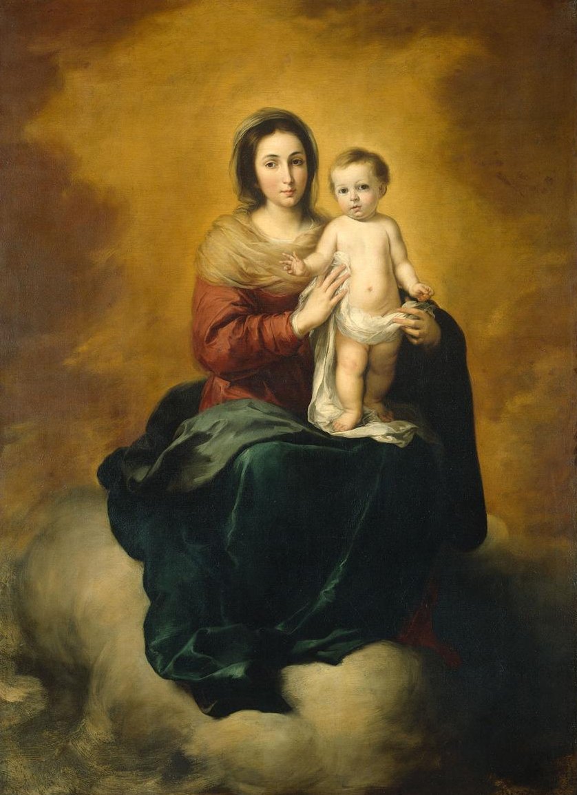 Baroque painting of the Virgin Mary seated on soft clouds, wearing a red dress and green mantle, calmly holding the standing Christ Child wrapped in a white cloth against a glowing golden sky.