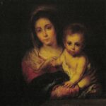 Dark toned painting by Bartolomé Esteban Murillo showing the Virgin Mary half length holding the Christ Child, both softly illuminated against a black background, with Mary in a simple red garment and veil and the Child reaching a hand toward the viewer.