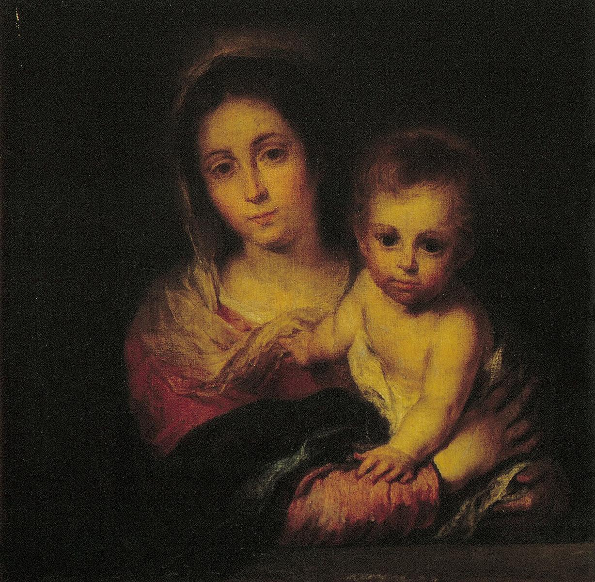 Dark toned painting by Bartolomé Esteban Murillo showing the Virgin Mary half length holding the Christ Child, both softly illuminated against a black background, with Mary in a simple red garment and veil and the Child reaching a hand toward the viewer.