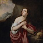 Painting by Bartolomé Esteban Murillo showing Mary Magdalene in a cave, wrapped in red and white drapery, hands crossed over her chest and eyes raised toward a cloud of angels, with a skull and wooden cross resting on a stone ledge nearby.