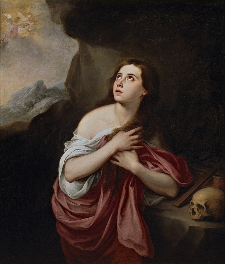 Painting by Bartolomé Esteban Murillo showing Mary Magdalene in a cave, wrapped in red and white drapery, hands crossed over her chest and eyes raised toward a cloud of angels, with a skull and wooden cross resting on a stone ledge nearby.