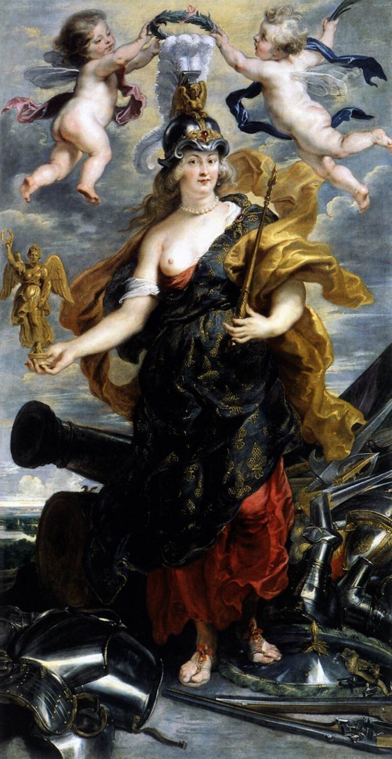 Full-length portrait of Marie de Medici personified as Bellona by Peter Paul Rubens, standing amid discarded armor and weapons, wearing a fleur-de-lis mantle and golden drapery, crowned with laurel by flying putti, holding a small winged Victory and a command baton against a dramatic, clouded sky.