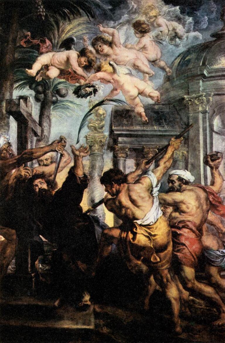 Baroque painting by Peter Paul Rubens showing St. Thomas being attacked by muscular executioners with raised weapons in front of grand architecture, while winged cherubs fly above with palms and laurel wreaths amid swirling clouds.