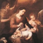 Warm Baroque painting by Bartolomé Esteban Murillo showing the Virgin Mary sewing while the Christ Child lies on her lap as angels play music and cherubic faces appear in a glowing cloud above.