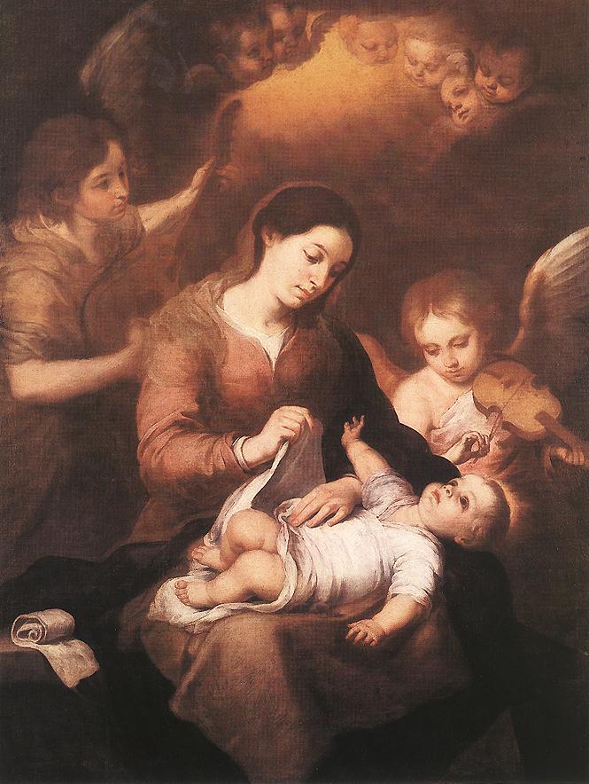 Warm Baroque painting by Bartolomé Esteban Murillo showing the Virgin Mary sewing while the Christ Child lies on her lap as angels play music and cherubic faces appear in a glowing cloud above.