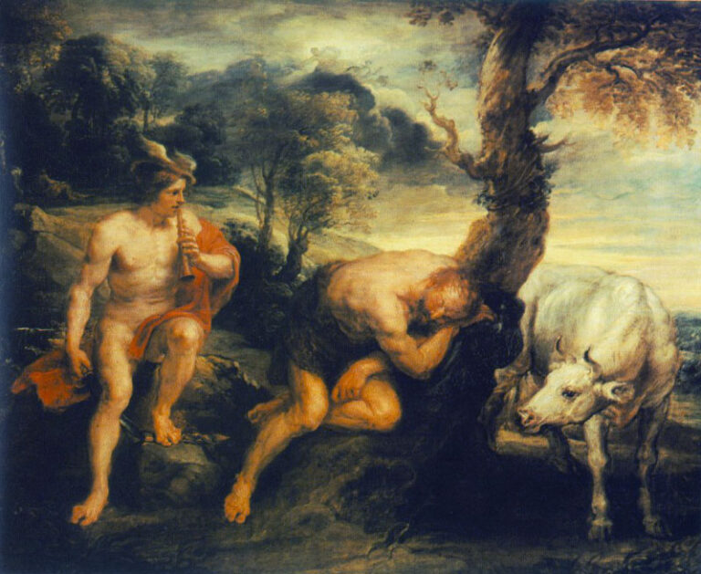 Baroque painting by Peter Paul Rubens showing the nude god Mercury seated on a rock playing a flute, the weary giant Argus slumped asleep against a tree, and the white cow Io standing nearby in a rolling landscape under a cloudy sky.