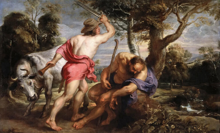 Horizontal Baroque painting by Peter Paul Rubens showing Mercury in a red cloak raising a sword over the sleeping giant Argus, while a white cow (Io) looks on in a wooded landscape with trees, distant hills, and a small stream.
