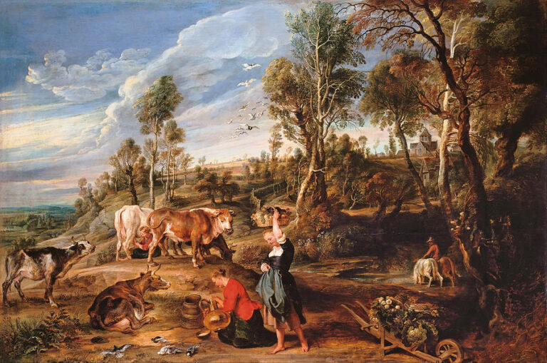 Baroque landscape painting by Peter Paul Rubens showing two milkmaids working with pails beside several cows, one lying in the foreground, with more cattle on a path, trees, a rider watering his horse at a stream, and a distant farmhouse under a wide, cloud-filled sky.