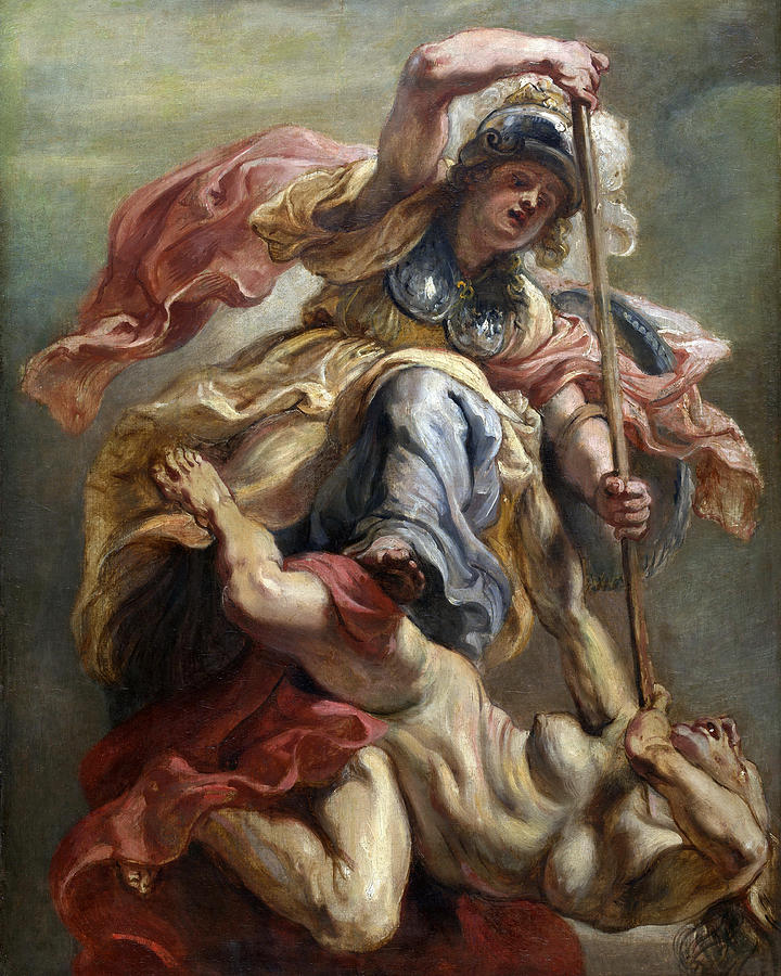 Baroque painting by Peter Paul Rubens showing the armored goddess Minerva towering above and pinning down a writhing nude male figure symbolizing Discord, as she drives a spear toward him, her pink cloak billowing dramatically against a cloudy sky.