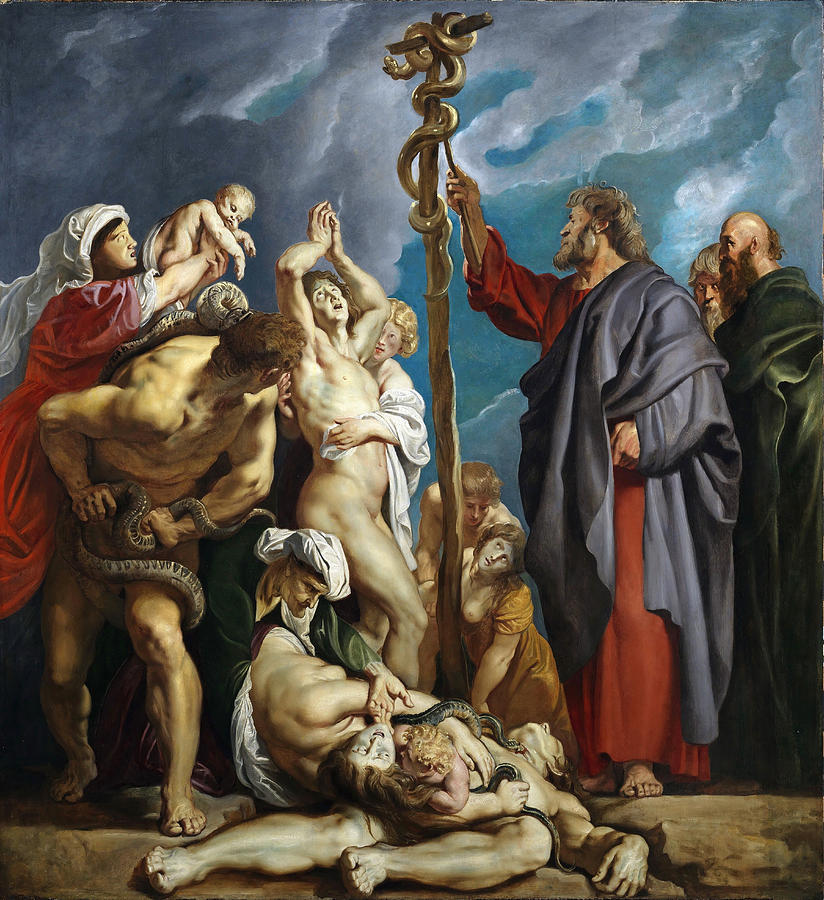 Large Baroque painting by Peter Paul Rubens showing Moses raising a staff with a coiled bronze serpent as anguished Israelites, bitten by snakes, lift their eyes toward the sign for healing under a turbulent, clearing sky.