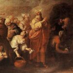 Wide Baroque painting by Bartolome Esteban Murillo showing Moses striking the rock of Horeb as water pours out to a crowd of thirsty Israelites with camels, women, and children in a desert landscape.