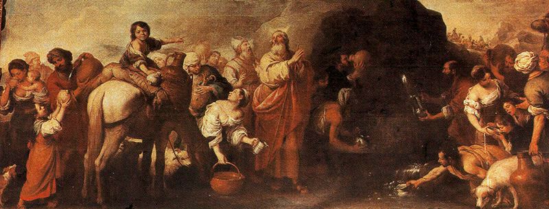 Wide Baroque painting by Bartolome Esteban Murillo showing Moses striking the rock of Horeb as water pours out to a crowd of thirsty Israelites with camels, women, and children in a desert landscape.