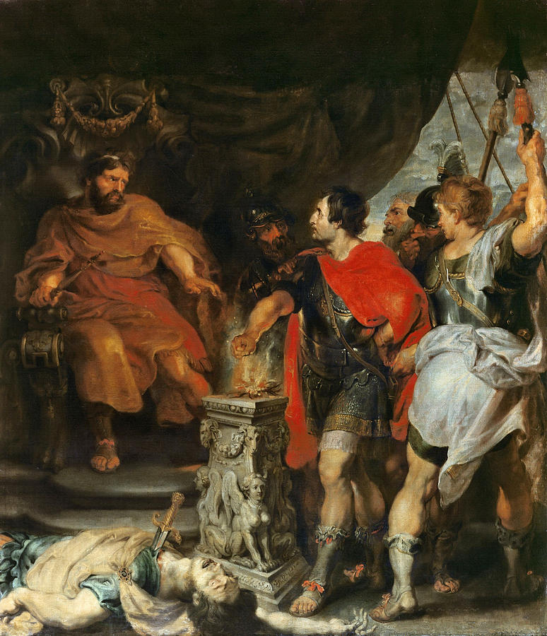 Baroque painting “Mucius Scaevola Before Porsenna” by Peter Paul Rubens showing the Roman hero in armor with a red cloak thrusting his hand into a flaming altar before the seated king Porsenna, while armored soldiers crowd around and the body of a slain man lies on the steps in the foreground.
