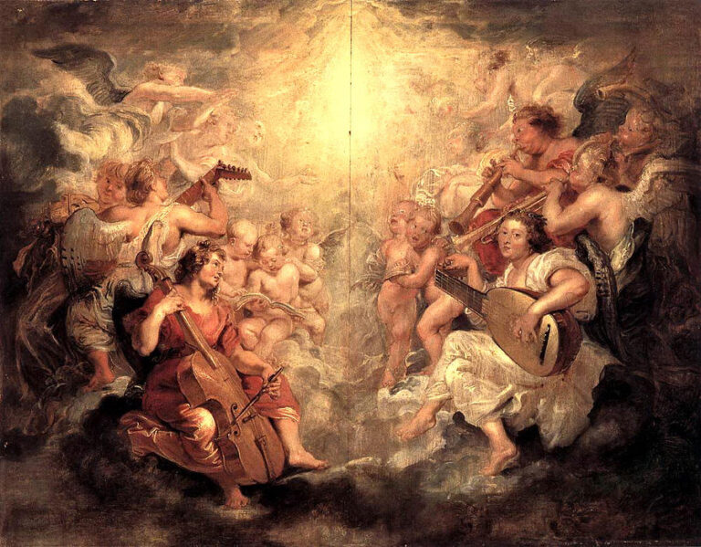 Heavenly scene of two angelic choirs facing each other across a blaze of light, with lute, viol, cornetto, and recorders played by robust angels while putti cluster between them; clouds swirl like drapery and warm gold tones bathe the figures in Rubens’s exuberant Baroque style.