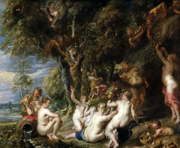 Baroque painting by Peter Paul Rubens showing nude nymphs gathered by a stream as satyrs and putti climb trees, offer fruit, and play in a dense forest glade, all bathed in warm light against a distant landscape and sky.