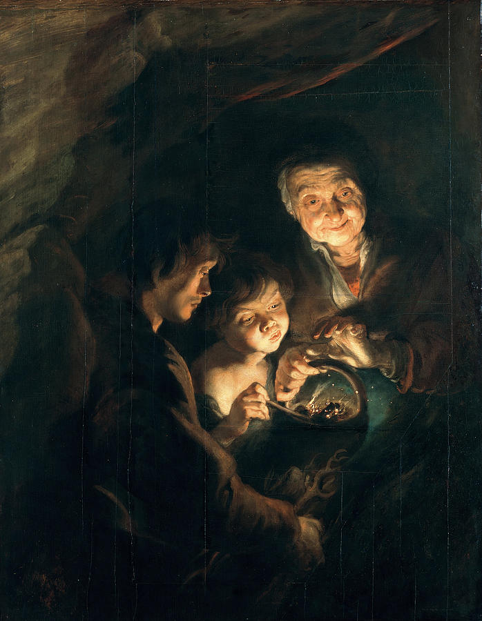 Dimly lit painting of an old woman, a child, and a young man huddled in darkness around a basket of glowing coals, the warm firelight illuminating their faces and hands while the surrounding space fades into deep shadow.