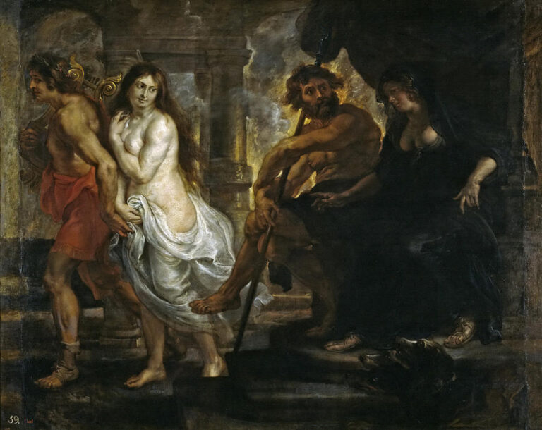 Baroque scene by Peter Paul Rubens showing Orpheus, lyre on his shoulder, guiding the half-clad Eurydice toward a bright exit while Hades sits in shadow with Persephone beside him and Cerberus crouched below, the moment poised between rescue and loss.