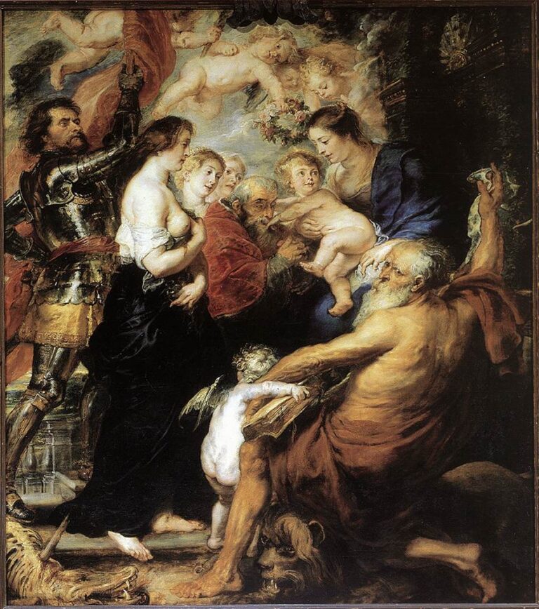 Large Baroque painting by Peter Paul Rubens showing the Virgin Mary holding the Christ Child surrounded by Saint Jerome with a lion, armored Saint George, several female saints, and numerous flying cherubs, all gathered in a glowing, cloud-filled space.