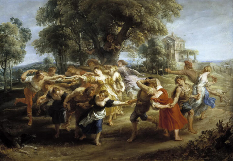Baroque painting by Peter Paul Rubens showing a lively group of Italian villagers dancing in a linked chain beneath large trees, with a musician playing in the branches, a country house in the background, and dogs and landscape details completing the bustling rural scene.