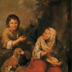 Painting by Bartolomé Esteban Murillo showing a smiling peasant boy and an elderly woman seated outdoors with a dog, basket, and jug, as the woman eats from a bowl and looks toward the boy in a warm, earth toned rural setting.