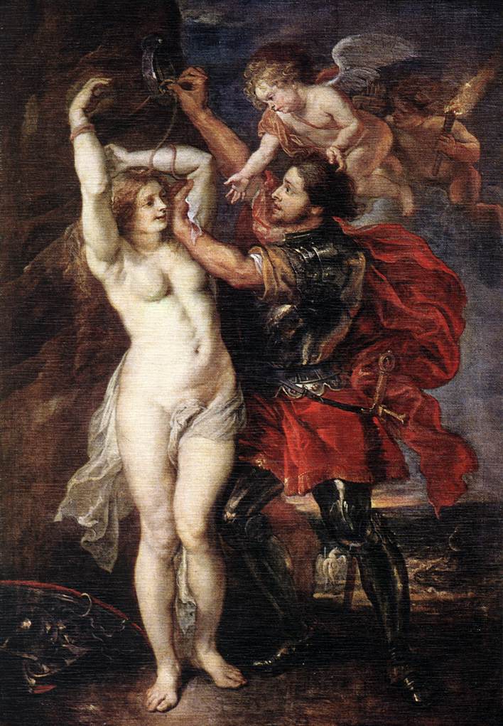Baroque painting by Peter Paul Rubens showing the nude Andromeda chained to a rock as the armored hero Perseus in a red cloak reaches up to free her, assisted by winged cupids above, with Perseus’ discarded helmet and shield on the ground and a dark seashore in the background.