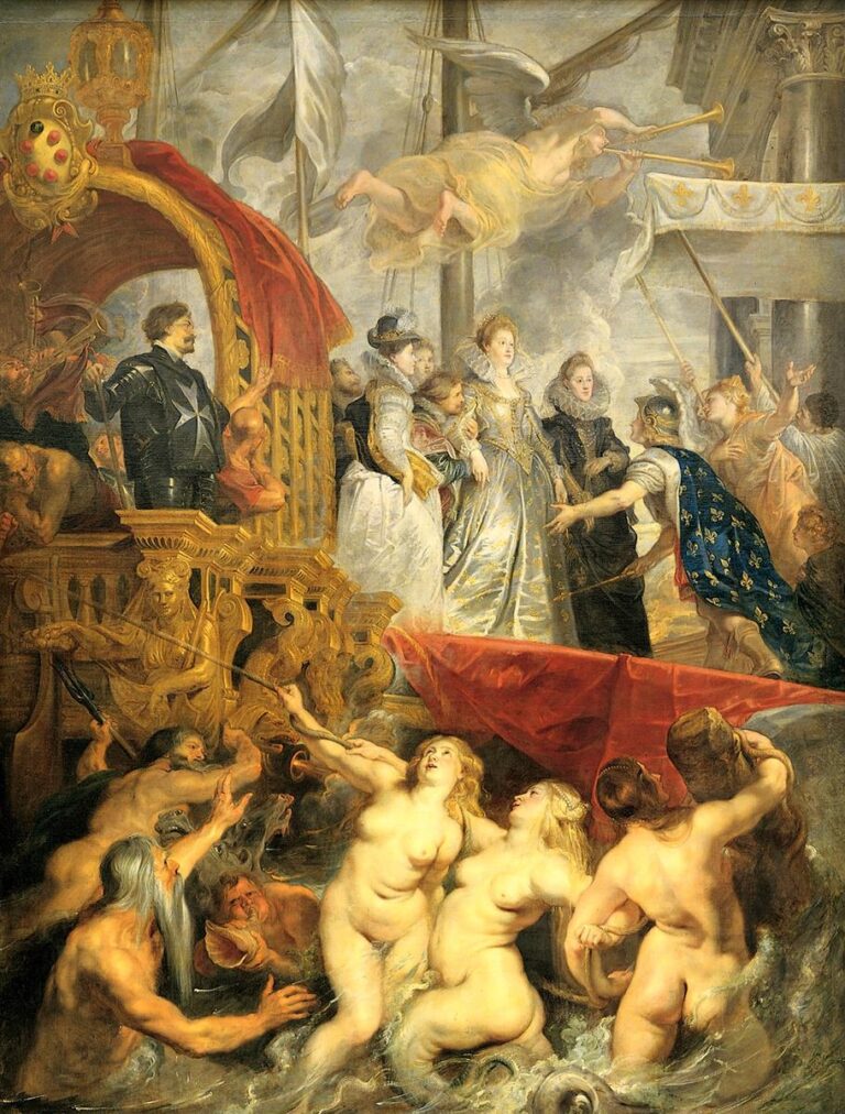 Monumental Baroque scene by Peter Paul Rubens showing Marie de Medici arriving at Marseilles, welcomed by France while an angel of Fame trumpets above and Tritons and Nereids surge in the foreground beside a gilded galley and red canopy.