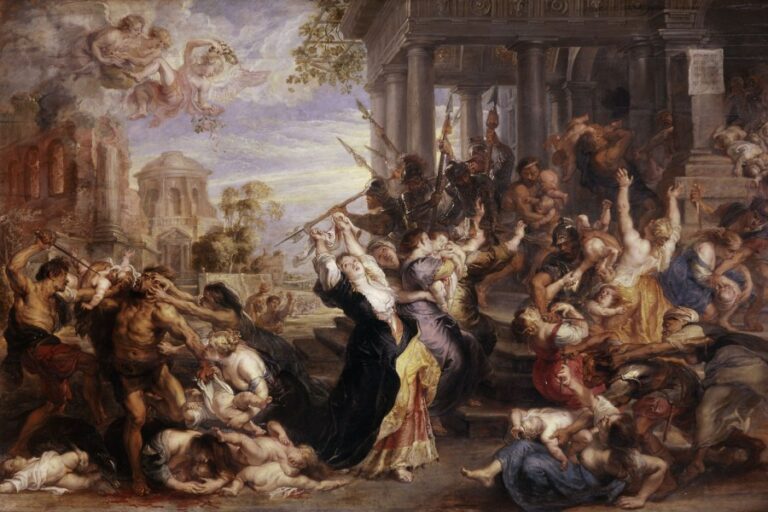 Large Baroque painting by Peter Paul Rubens showing a chaotic scene of soldiers killing infants and mothers struggling to protect their children on the steps of a grand colonnaded building, with ruins and angels in the sky above.