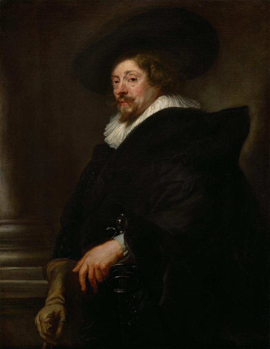 Baroque self-portrait by Peter Paul Rubens showing the artist in three-quarter view wearing a dark cloak, wide black hat, and white ruff, with one hand resting on a sword and the other holding a glove and cane against a subdued architectural background.