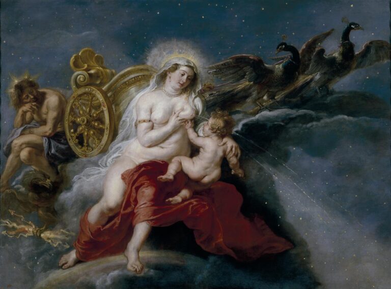 Baroque painting by Peter Paul Rubens showing the nude goddess Juno seated on clouds before a golden chariot, breastfeeding the squirming infant Hercules as jets of milk spray into a starry sky to create the Milky Way, with Jupiter brooding at left and peacocks drawing the chariot at right.
