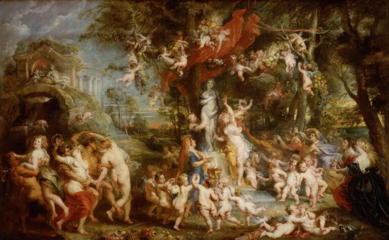 Large Baroque painting by Peter Paul Rubens showing a crowded festival around a statue of Venus, with nude women, satyrs, and many playful cupids, garlands of fruit, flowing red drapery, and classical architecture in a wooded landscape.