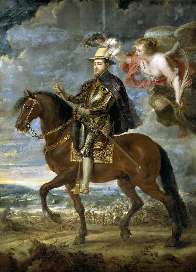 Baroque painting by Peter Paul Rubens showing King Philip II in ornate armor riding a chestnut horse across a battlefield, while a winged female figure in the clouds leans forward to crown him with a laurel wreath under a dramatic, cloudy sky.